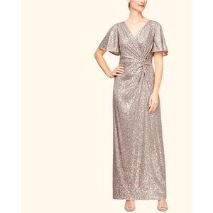 ALEX EVENINGS Silver Sequined Twist Front Flutter,Formal Sheath,blue/gold